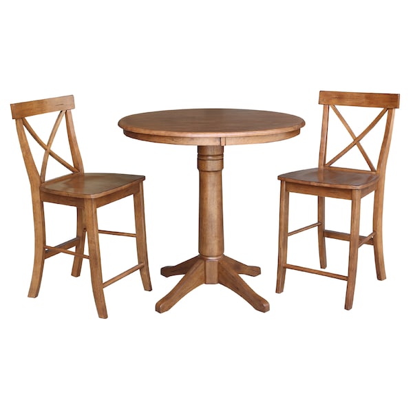 International Concepts Round 36 in Rd Ped Gathering Ht Table, 2 X-Back Stools, Distressed Oak, 36 in W, 36 in L, 35.1 in H K42-36RT-27B-S6132-2 - main